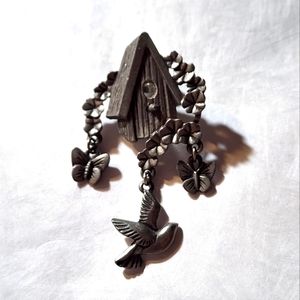 LCD Pewter Birdhouse Lapel Pin Butterfly Flower Bird Brooch Pinback Costume Vtg